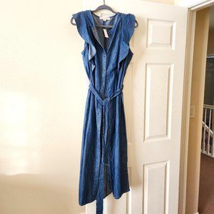 LOFT Chambray Ruffle Button Midi Denim Dress
